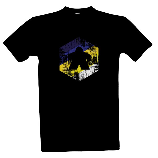 Tričko s potiskem Hex Meeple – modrá žlutá bílá